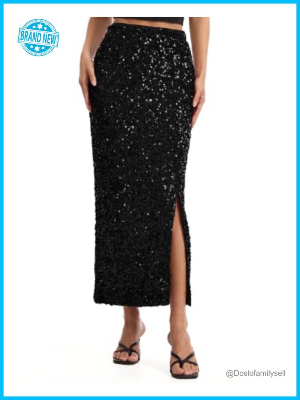 Sequin Midi Pencil Skirt Side Slit Stretch Party Skirt